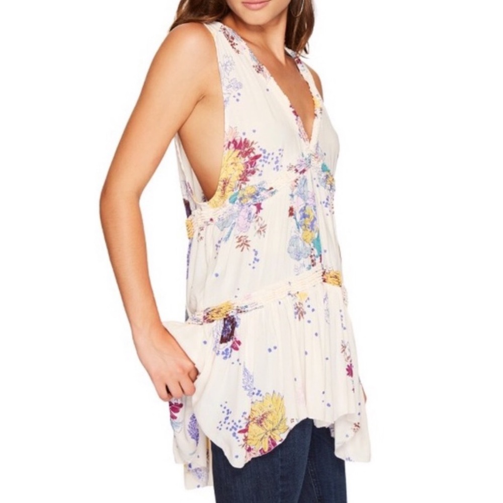 FREE PEOPLE Purple Haze Floral Print Boho Tunic Tank Top Sleeveless Ruffle M